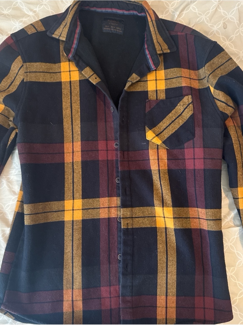 Nomad Men's black  Plaid Button-Down Shirt with Mustard and Burgundy Accents